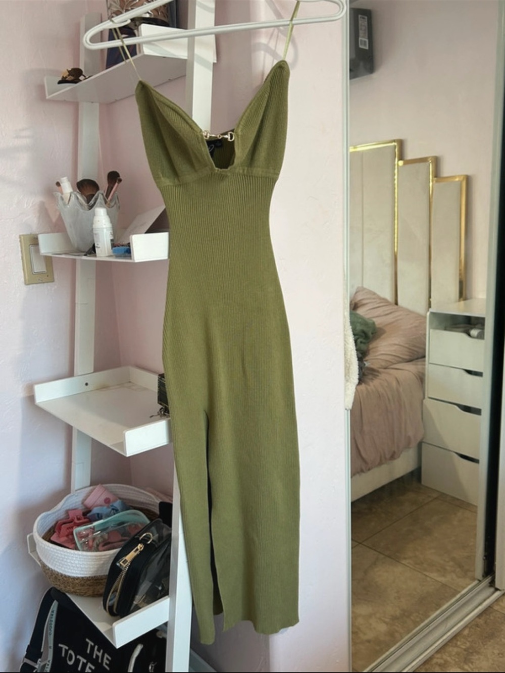 Olive Green Ribbed Knit Spaghetti Strap Dress